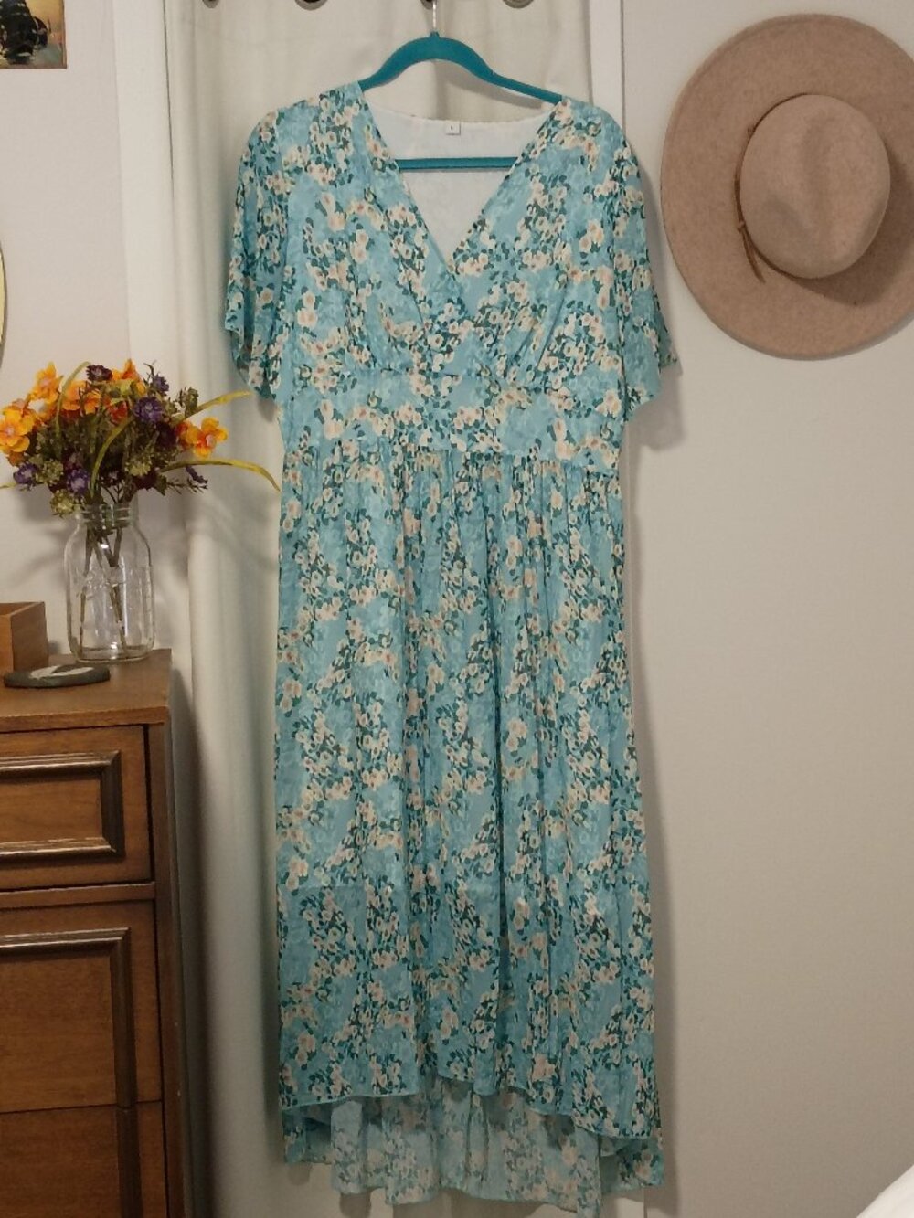Large light blue floral V-neck maxi dress